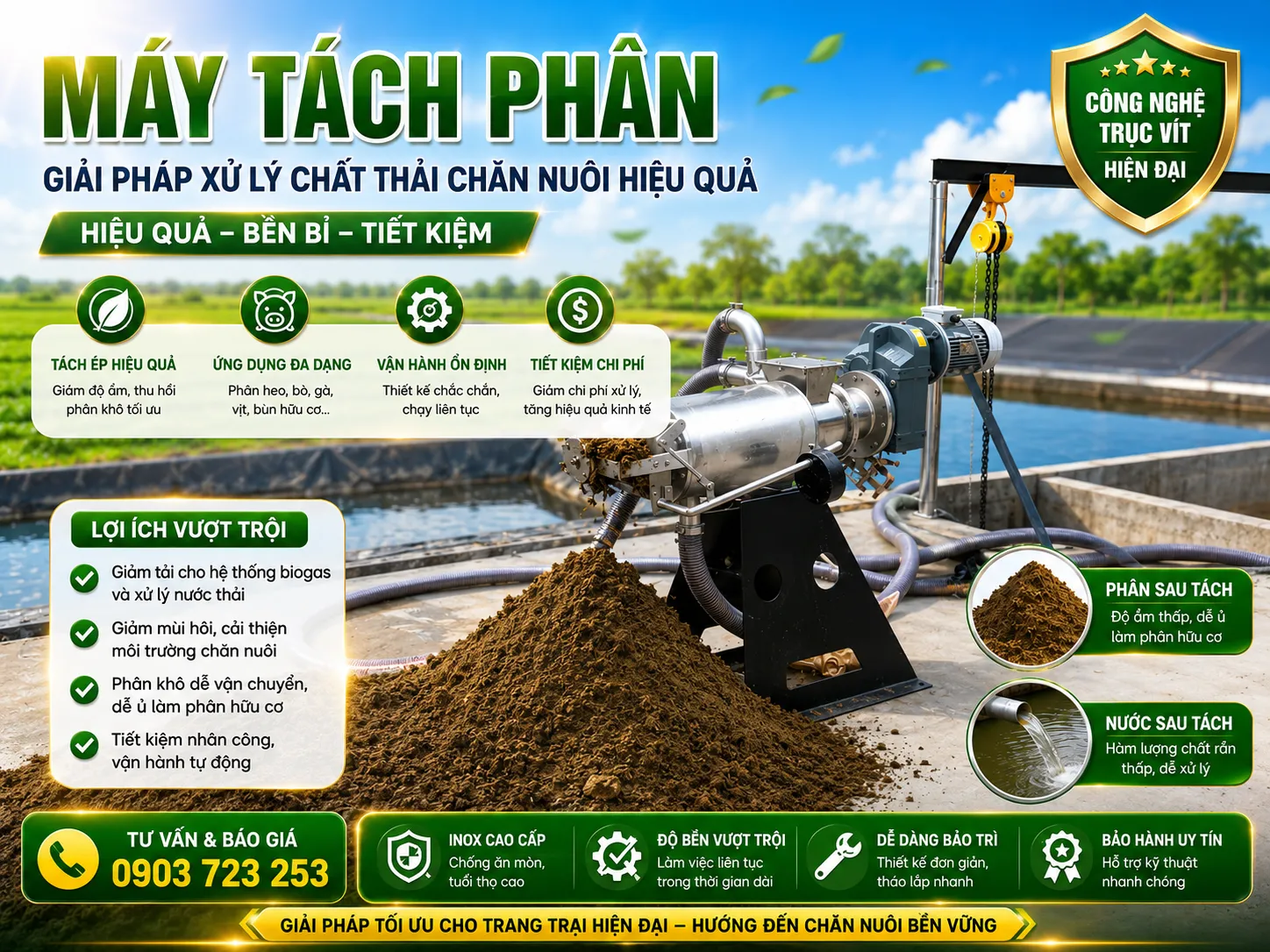 máy tách phân heo cho trang trại chăn nuôi